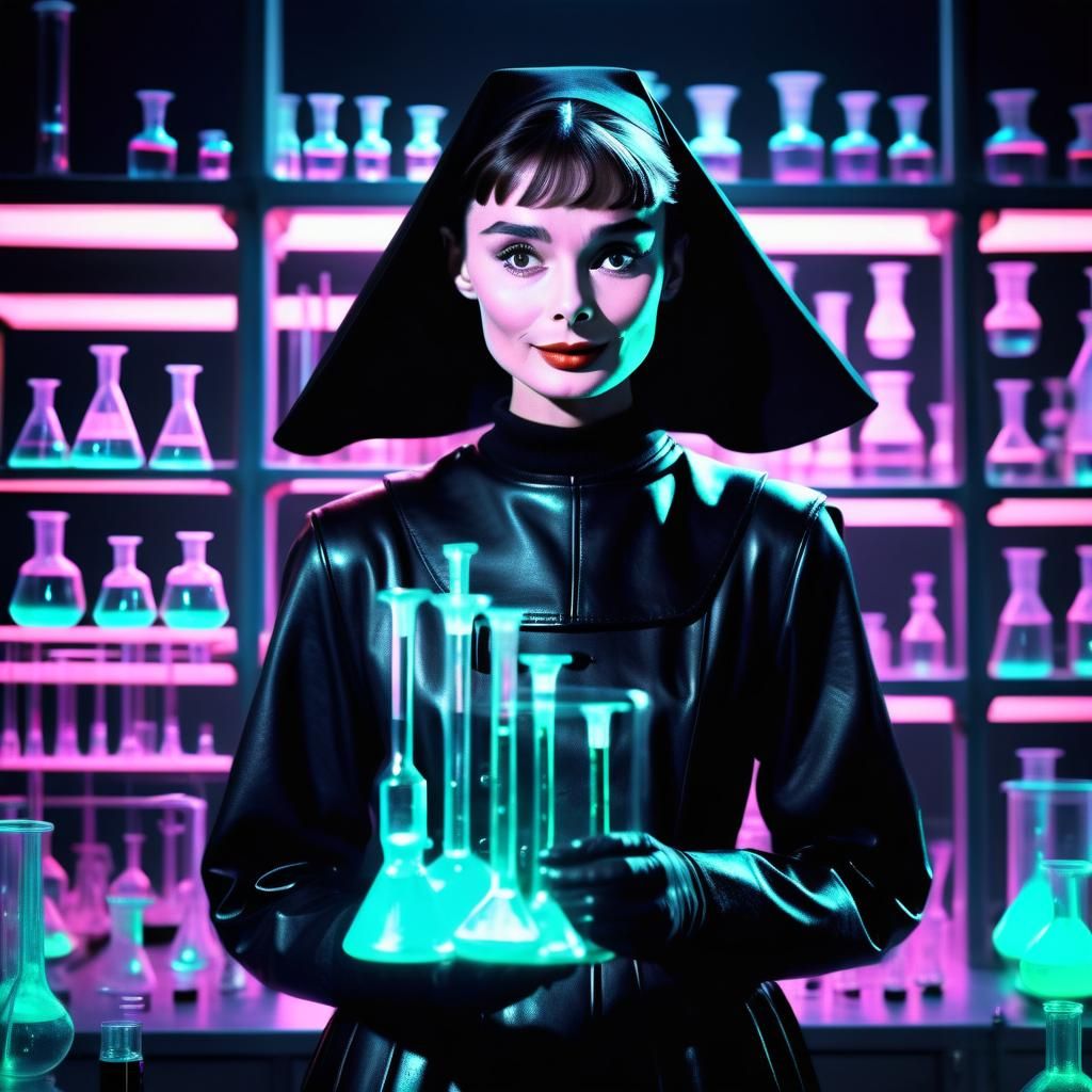 Synthwave Sorceress: Audrey Hepburn in Cyberpunk Lab