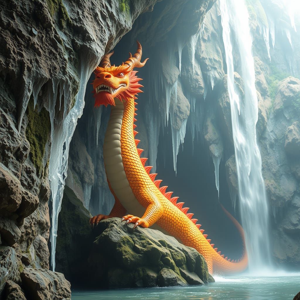 Majestic Chinese Dragon in a Mystical Waterfall Cave