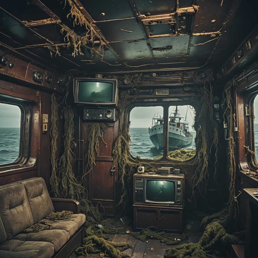 Sunken Ship Room with Static Television: Cinematic Still
