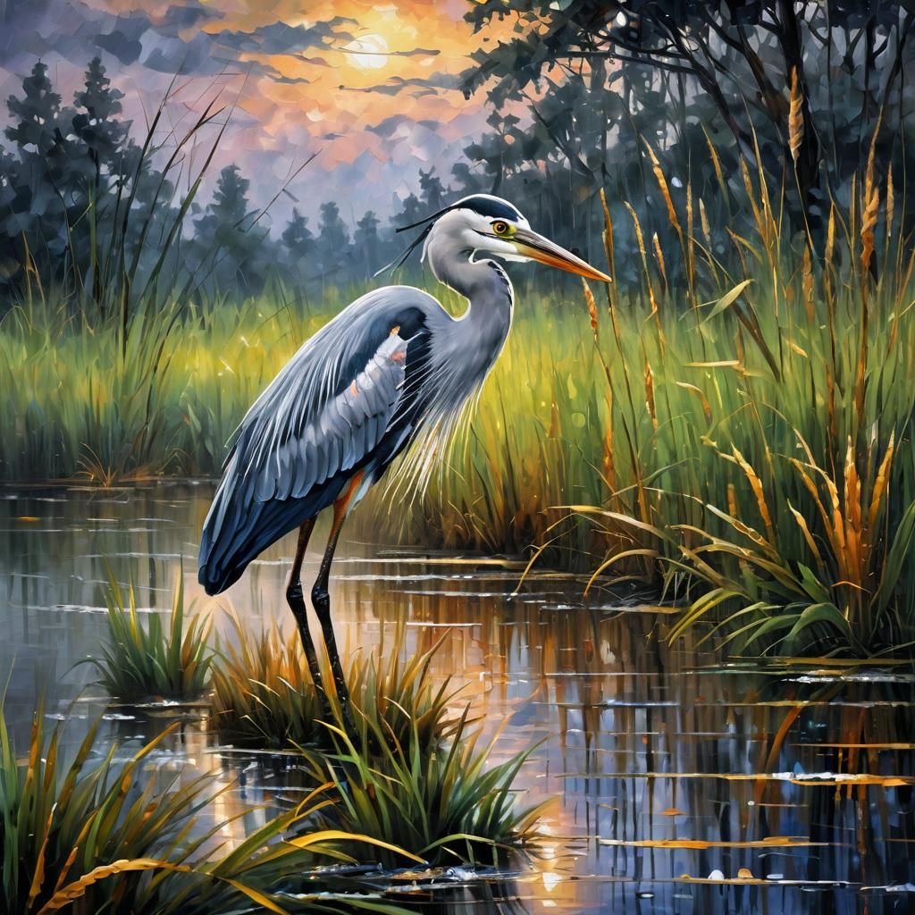 Grey Heron in Reeds: Sfumato Diamond Painting