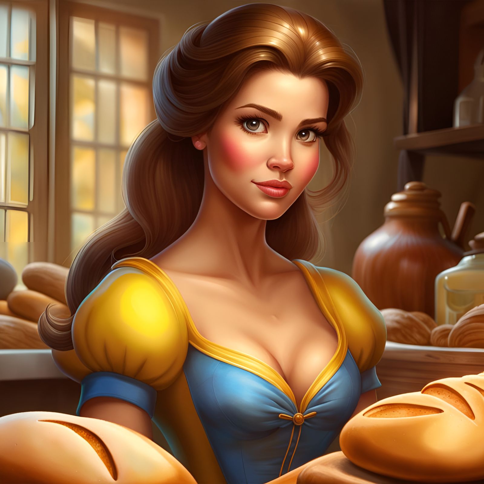 Princess Belle Baking Bread: Hyperrealistic Digital Portrait