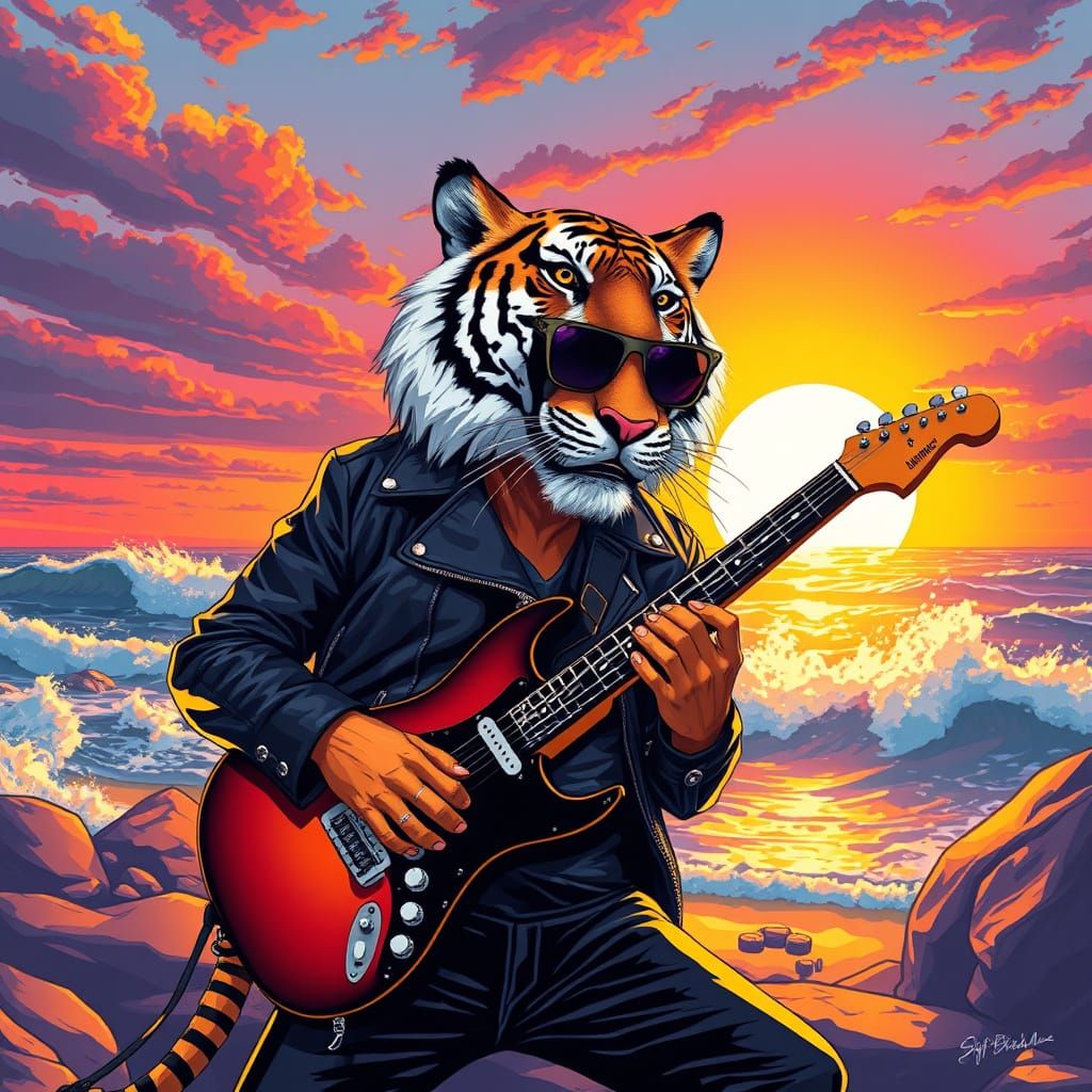 Tiger Plays Guitar at Sunrise in Retro-Futuristic Style