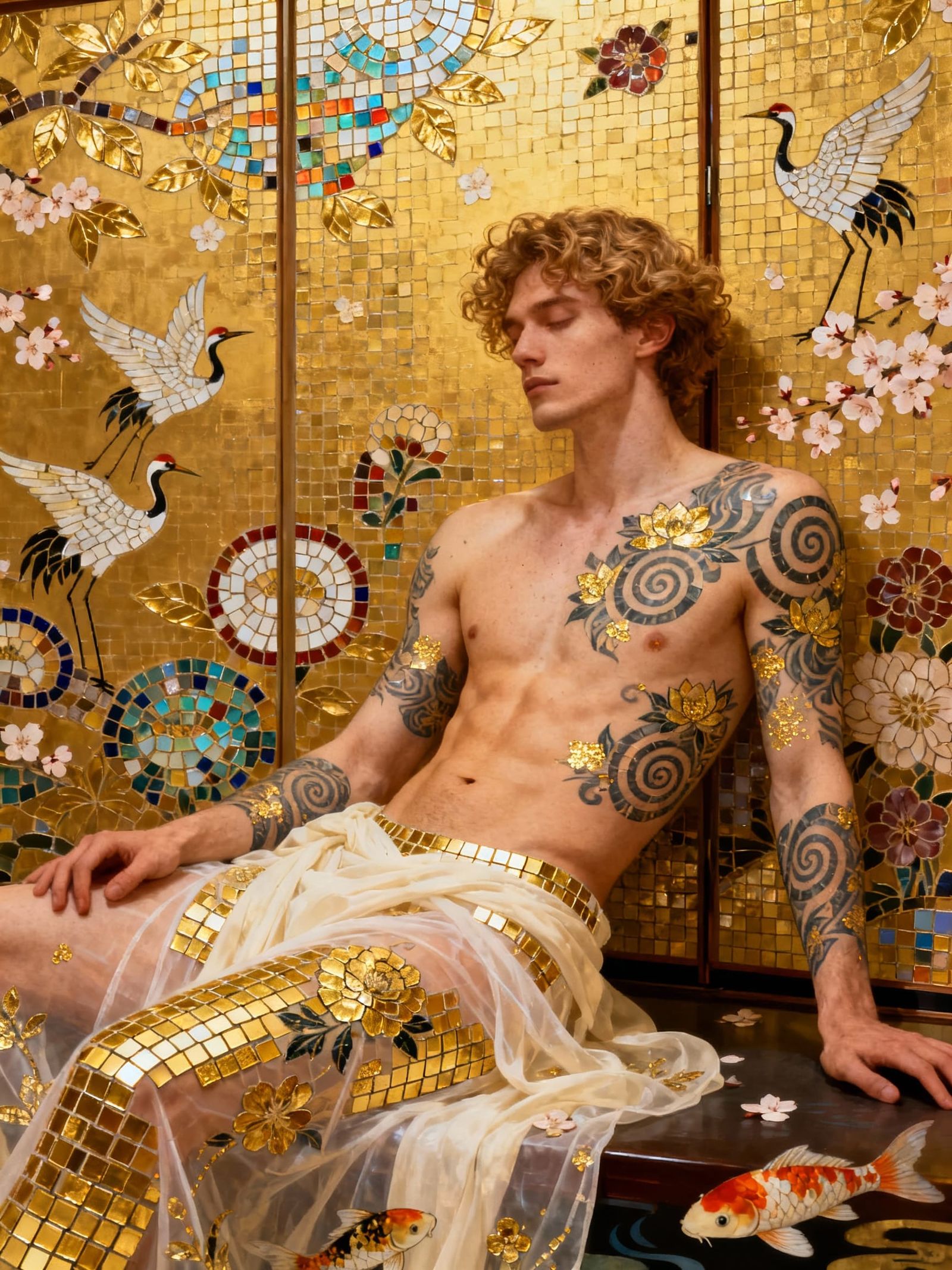 Serene Man Against Golden Mosaic Screen