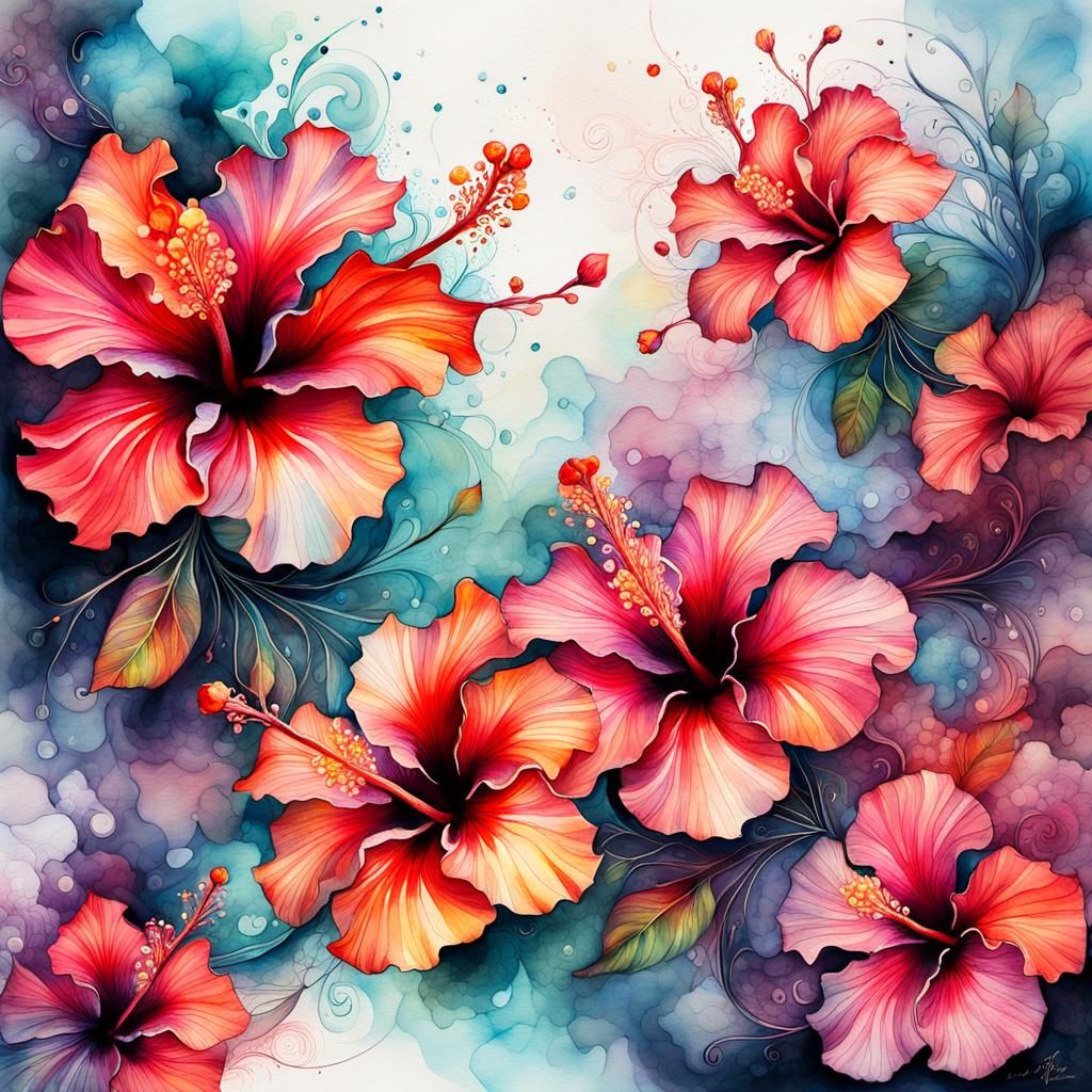 Hibiscus Flowers in Watercolor and Ink Style