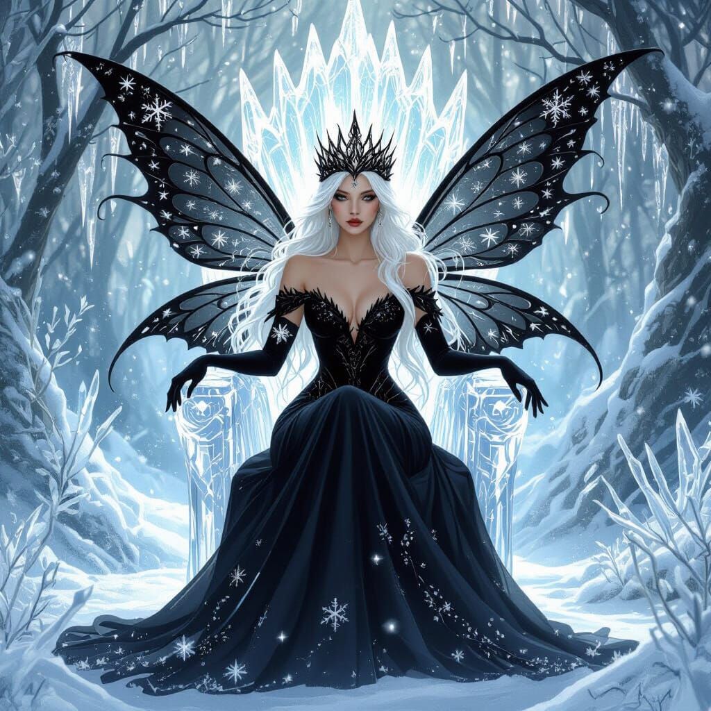 Black Fairy Queen on Crystal Throne in Art Nouveau Style