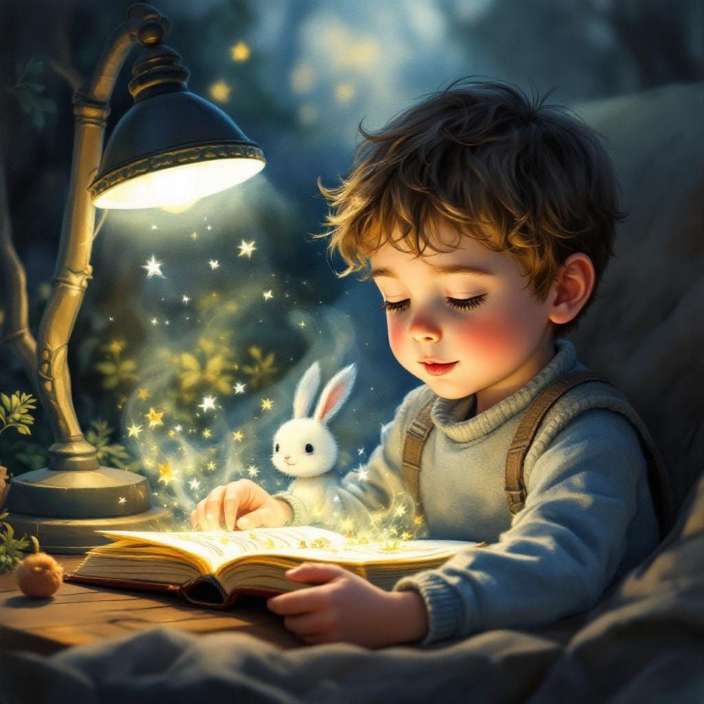 Boy Reads Book by Lamplight: Painterly Illustration