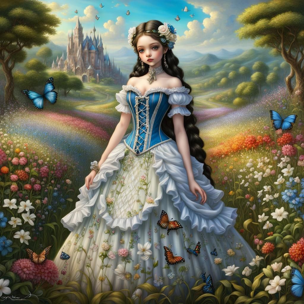 Girl with Baby in Fantasy Flower Field