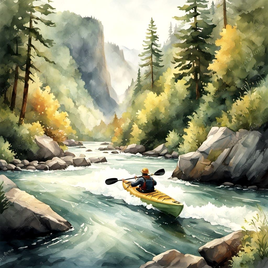 Vibrant Watercolor of Kayaker Navigating Churning Rapids