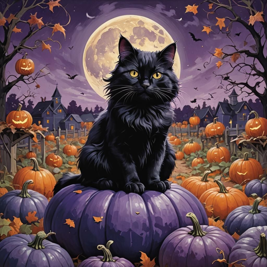 Black Cat on Purple Pumpkin in Fantasy Style