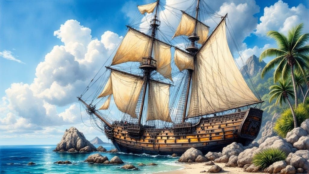 Wrecked Sailing Ship on Tropical Island as Digital Art