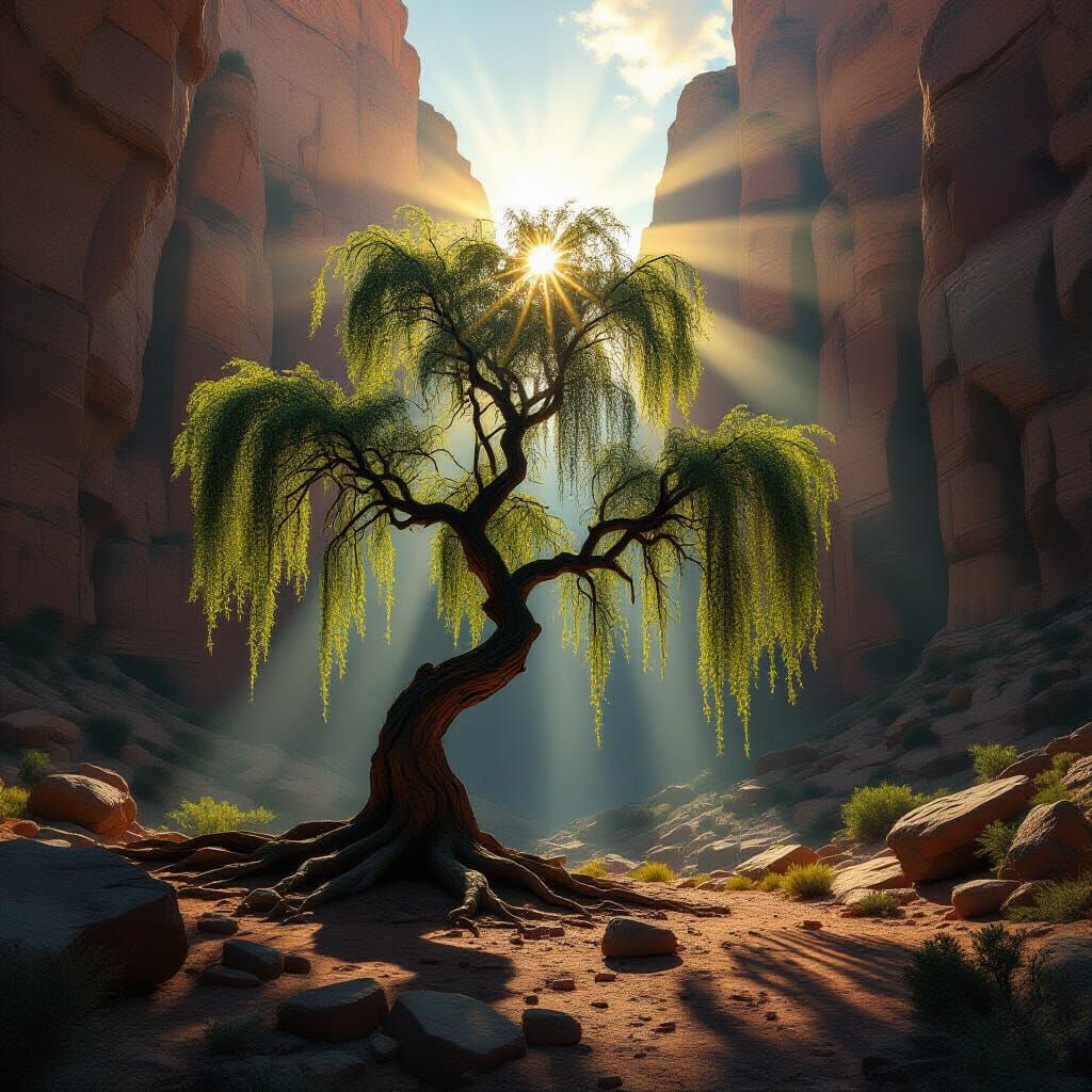 Ancient Willow Tree in Sunlit Canyon