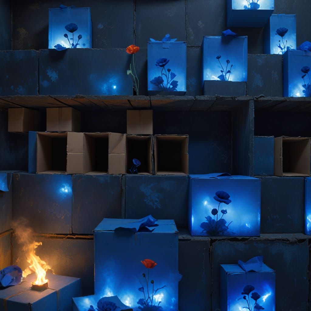 Dark Blue Foggy Photo of Dilapidated Boxes in Warehouse