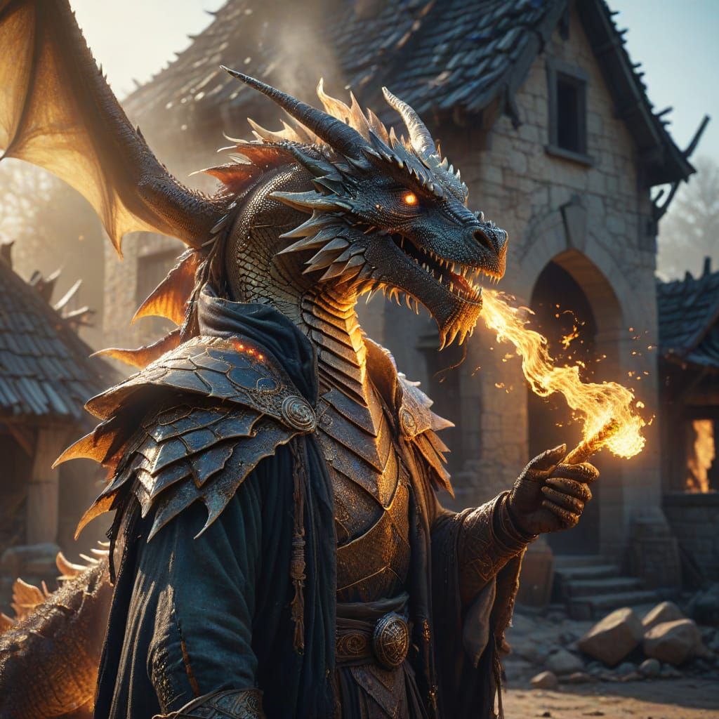 Wizard Battles Dragon in Abandoned Village: Digital Art