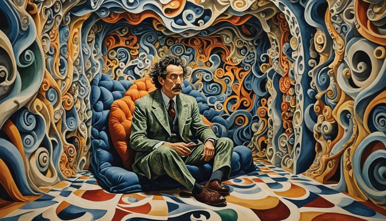 Surreal Madman in Impossible Room: Watercolor Art