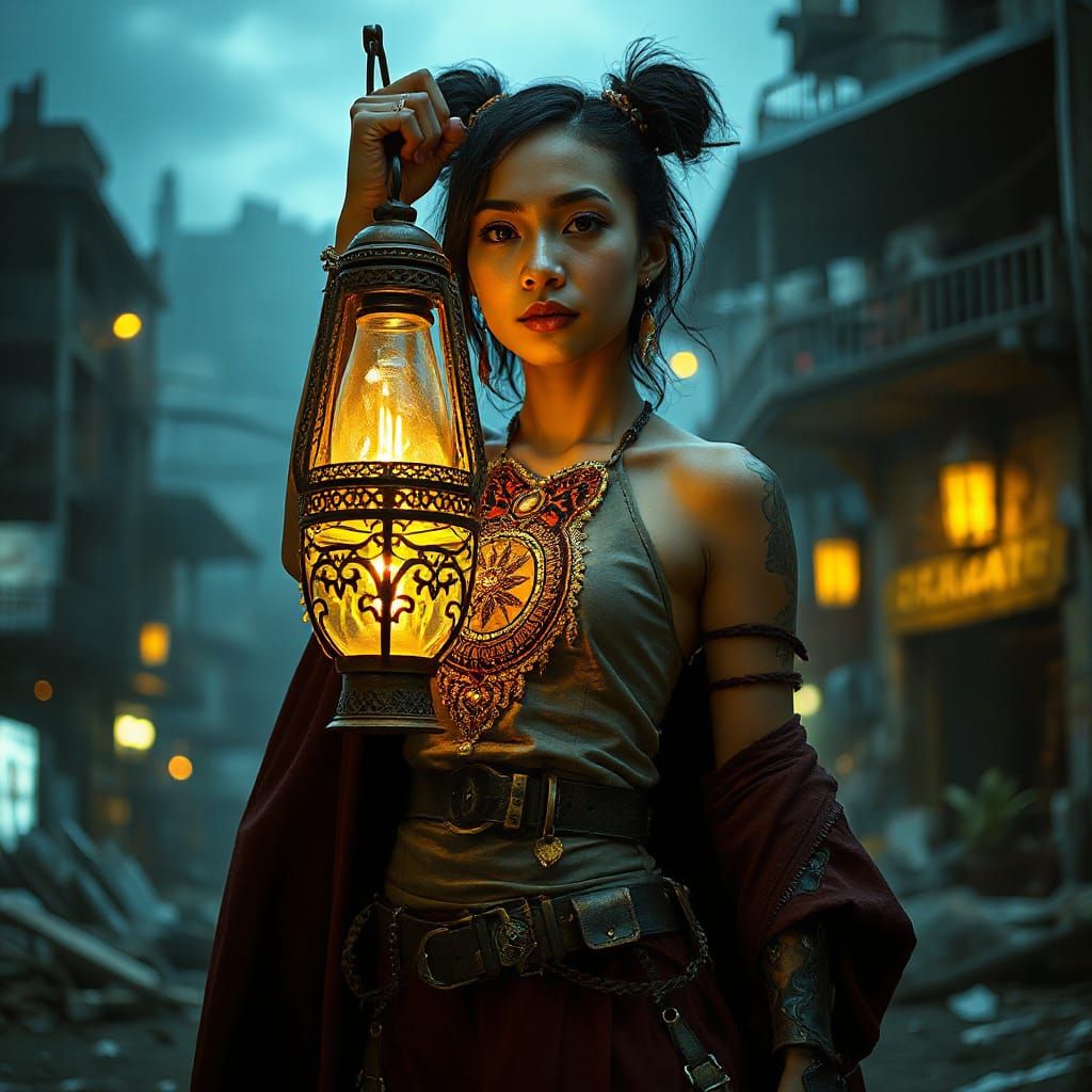 Cyberpunk Filipina Warrior in Apocalyptic Cityscape