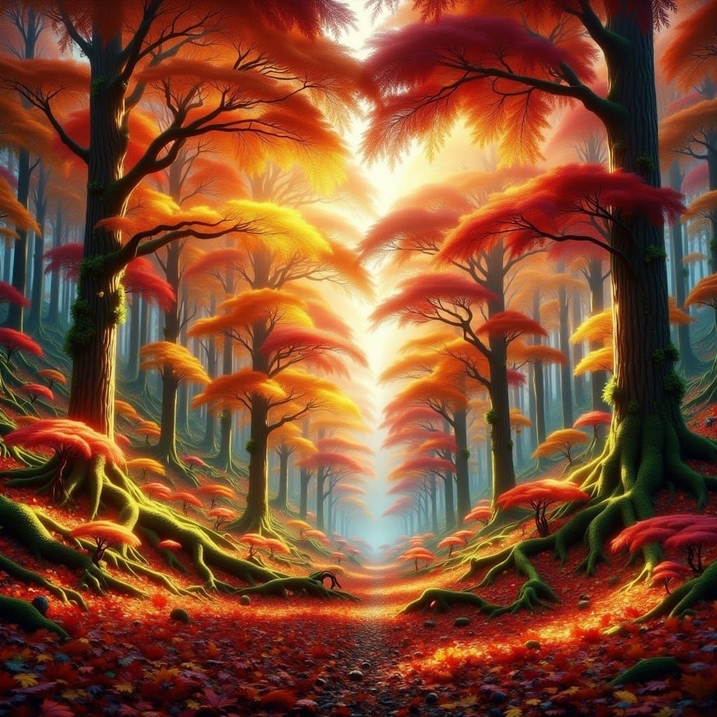 Vibrant Autumn Forest Landscape in Hyperrealistic Style