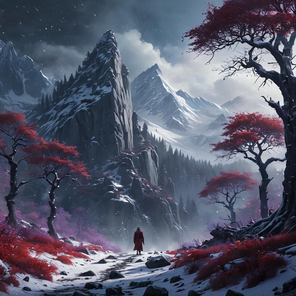Mysterious Figure in Snowy Dark Fantasy Landscape