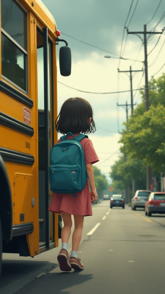 Girl Exiting School Bus in Dramatic Cartoon Style