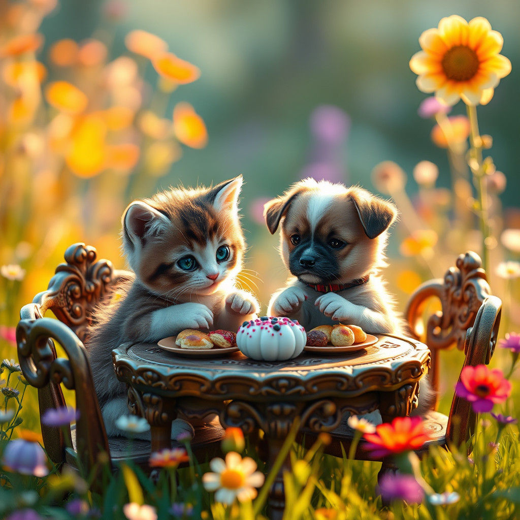 Kitten and Puppy's Enchanted Feast in Lush Meadow