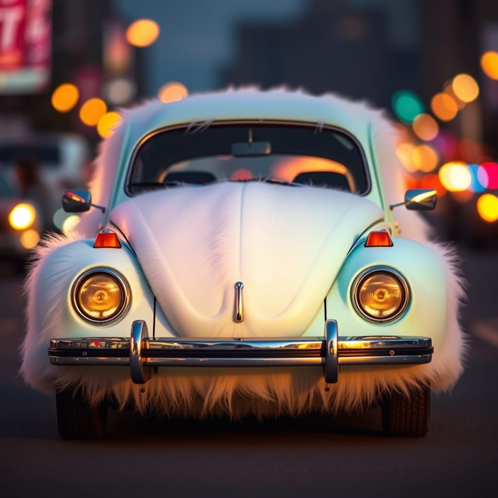 Classic Beetle Car Enveloped in Gradient Fur, Set Against Vi...