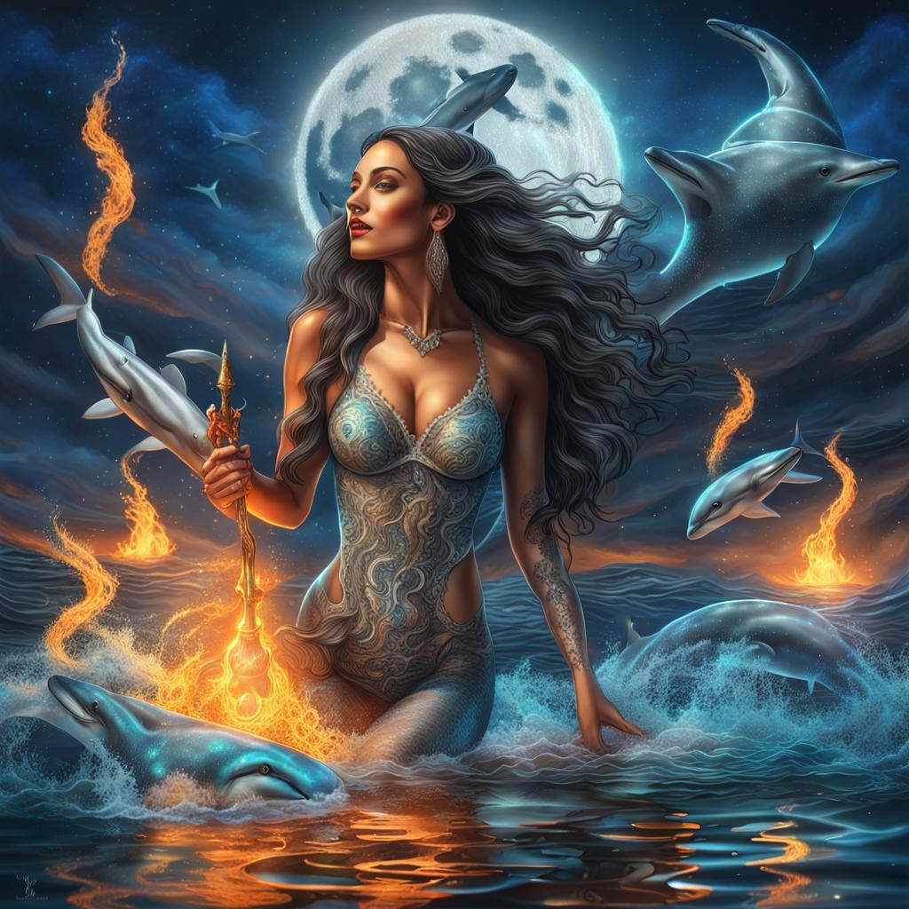 Surreal Lady on Shark in Cosmic Dreamscape