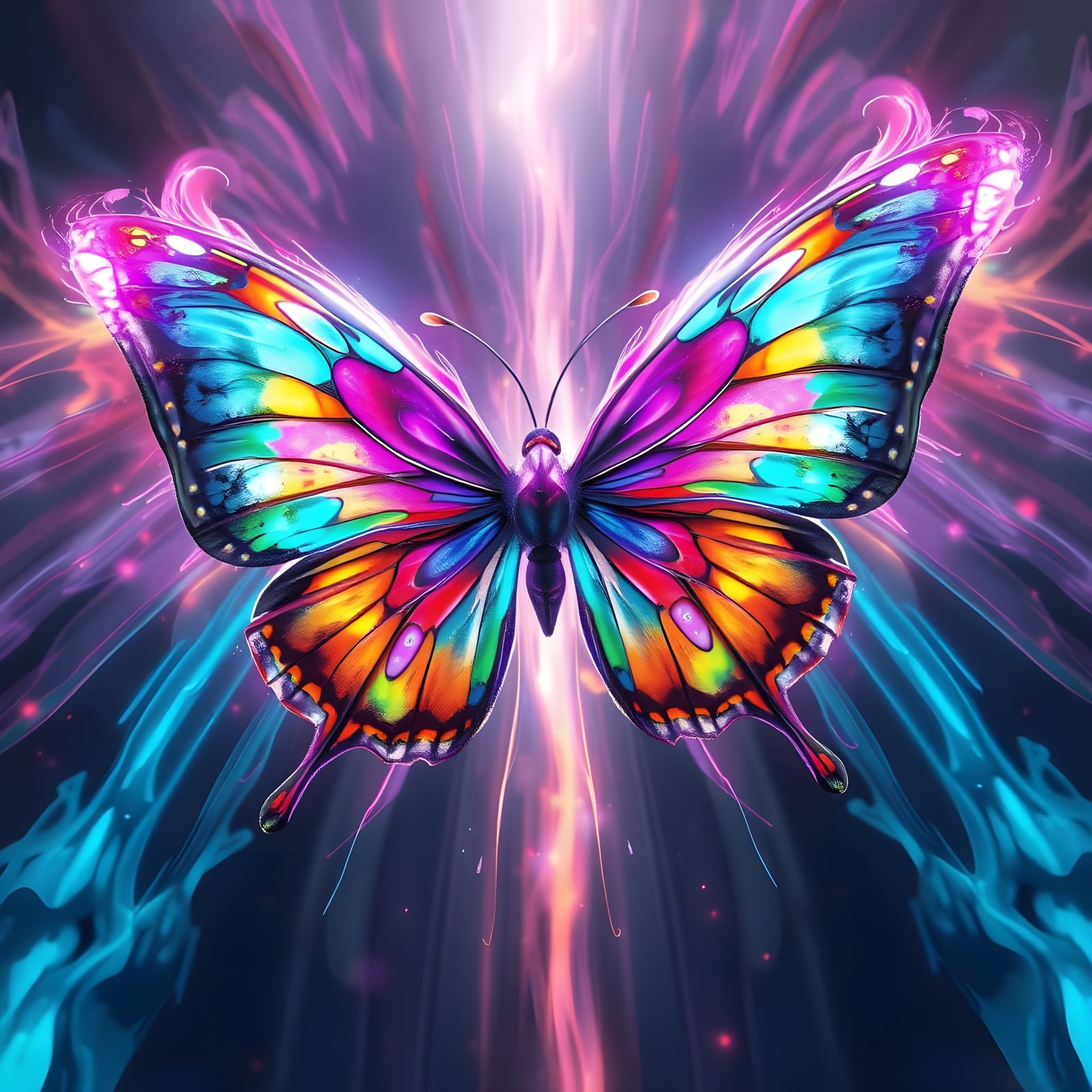 A colossal, colorful, ethereal butterfly that appears to be some sort of magical or alien creature; energy streamers rad...