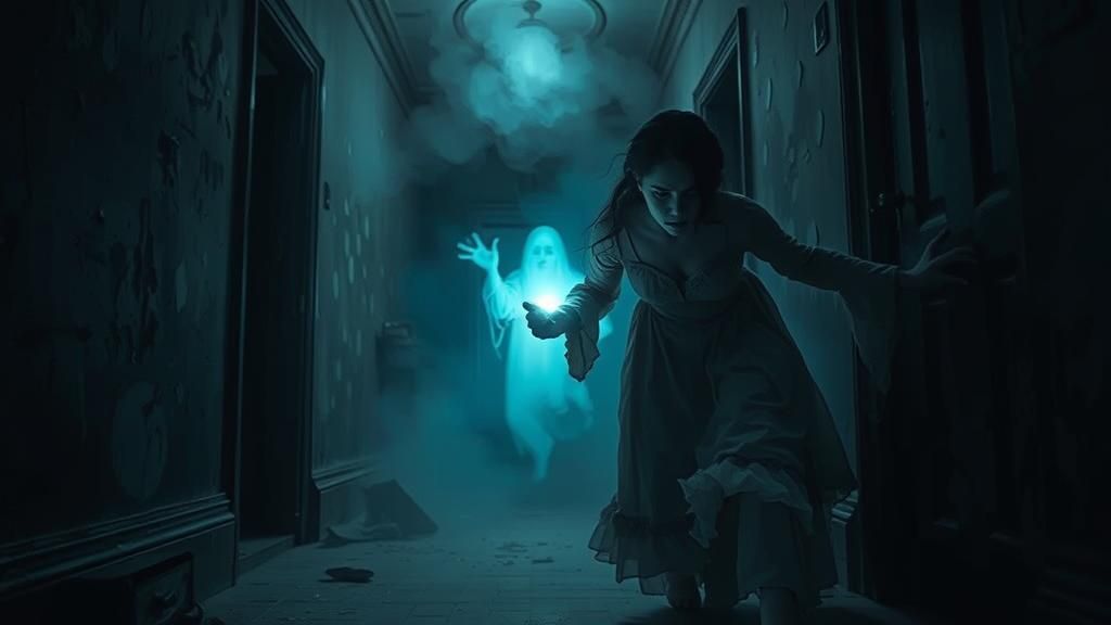 Terrified Woman Escaping Ghost in Gothic Surrealism