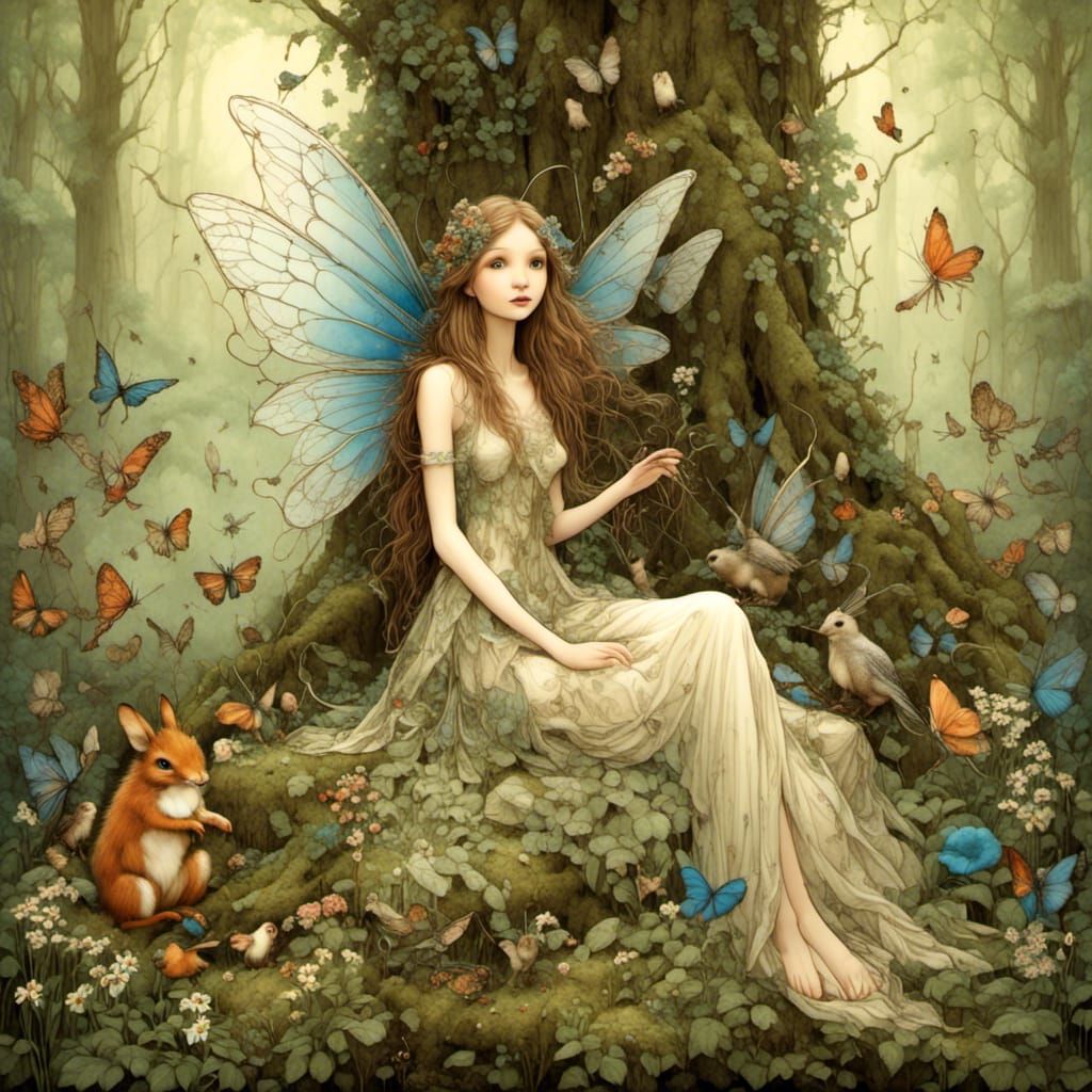 Slender Faerie in Forest Glade with Animals
