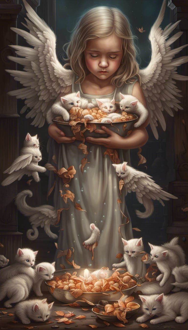 Angel Girl Feeds Kittens: A Hyperrealistic Depiction