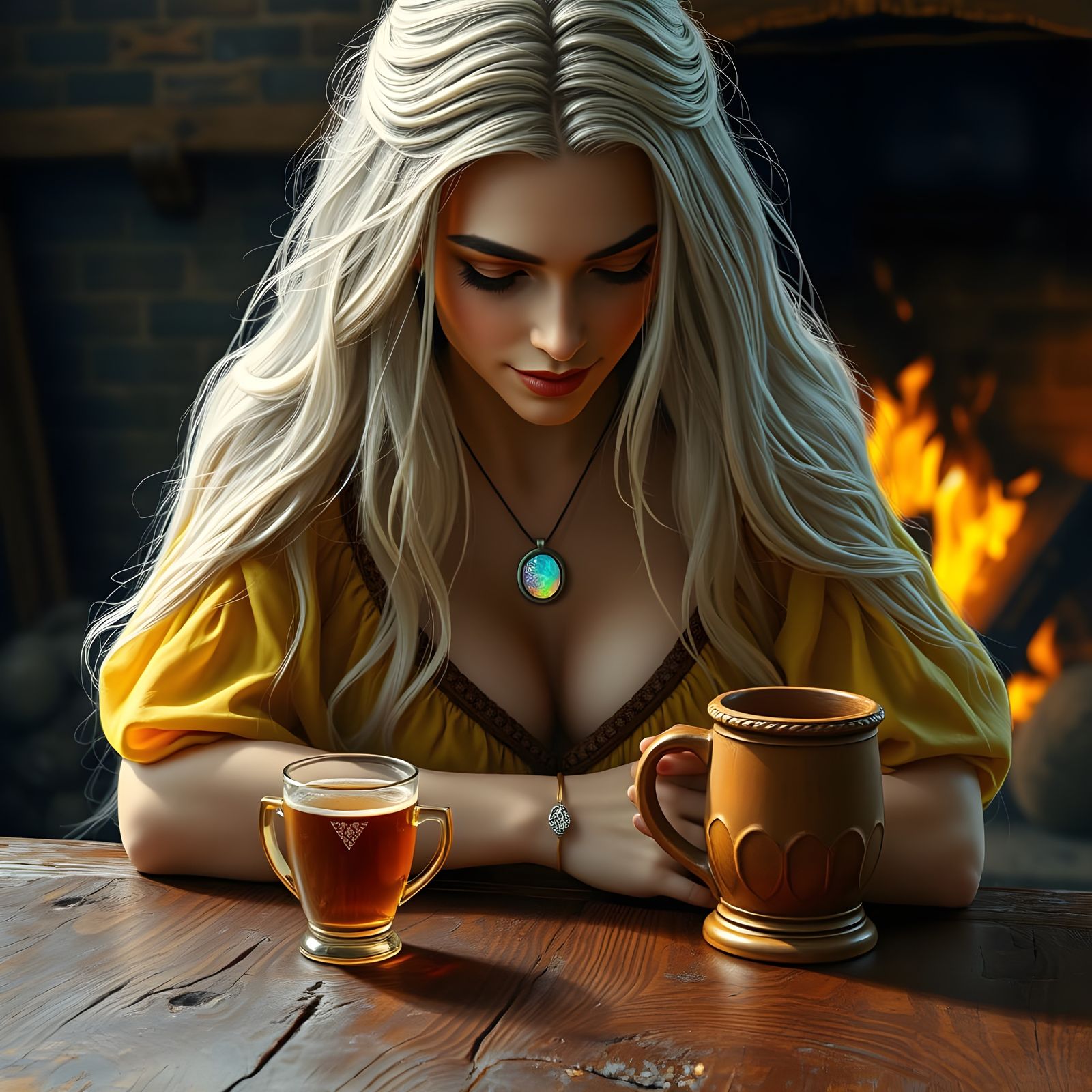 Sorrowful Norse Goddess Contemplates by the Fireplace