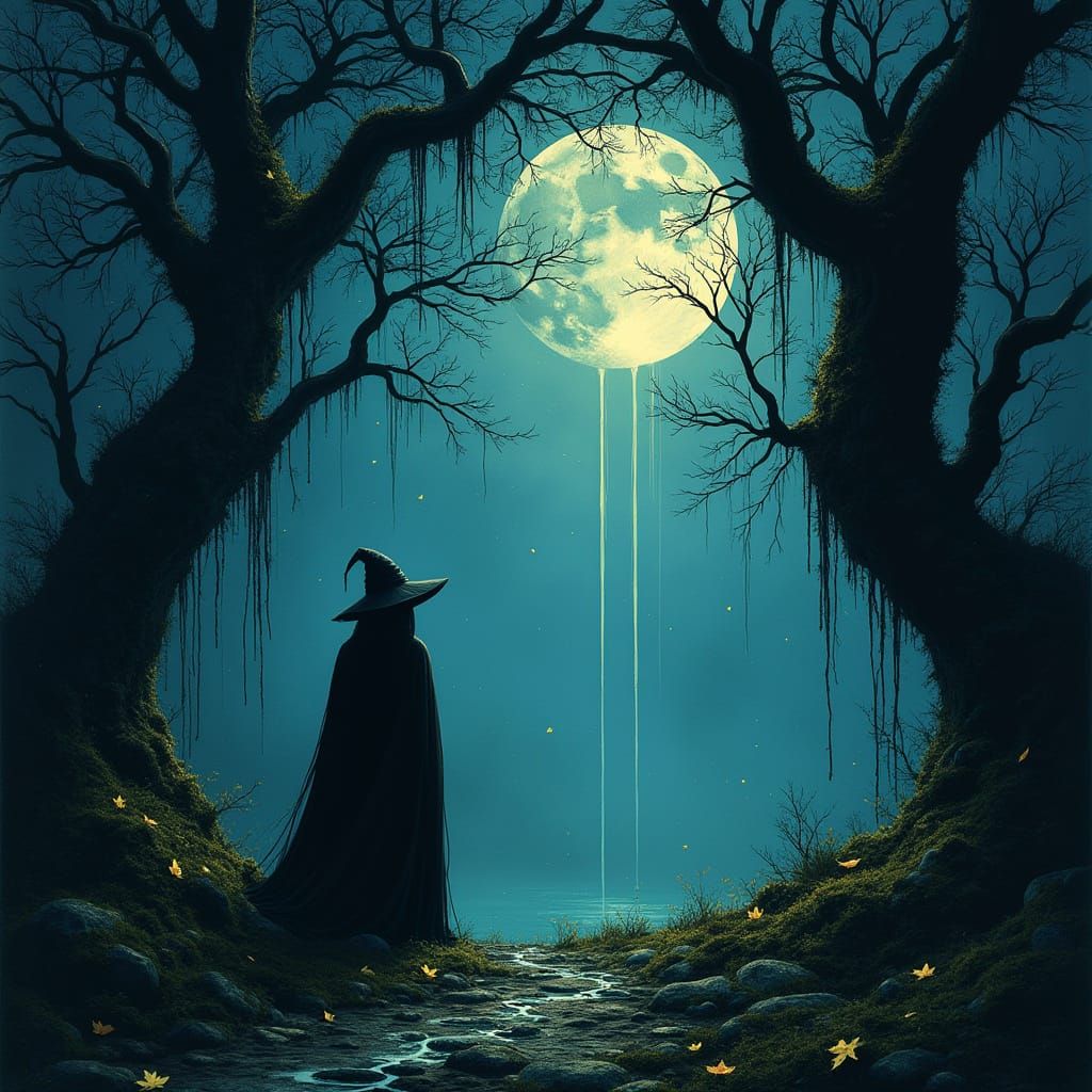 Solitary Witch in Moonlight Grove - Surreal Dark Fantasy Sty...