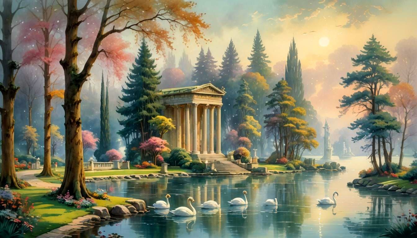 Seaside Park with Roman Garden in Ethereal Watercolor