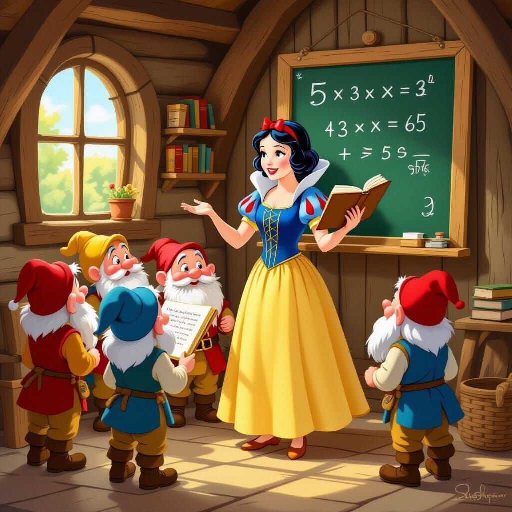 Snow White Teaches Dwarfs Arithmetic in Cozy Cottage