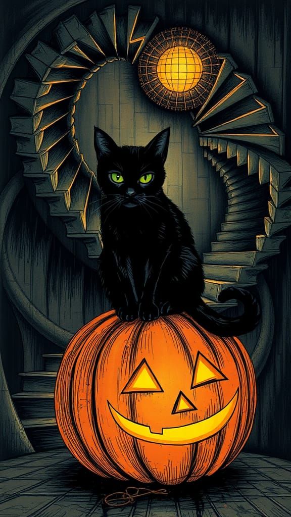 Halloween Cat in Escher-Inspired Impossible Geometry