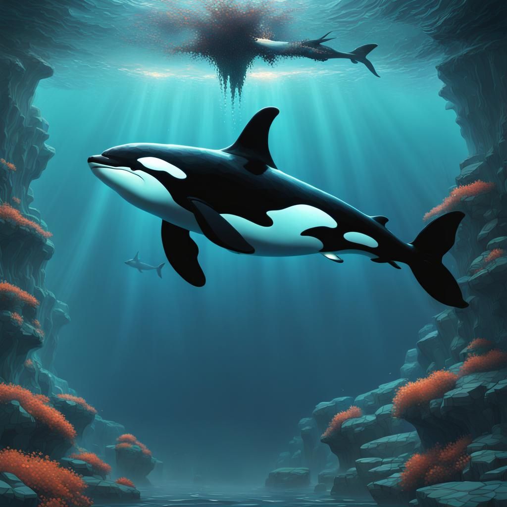 Ethereal Orca in Coral Reef Mosaic