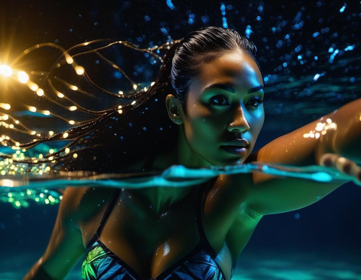 Polynesian Woman Swimming in Bioluminescent Water