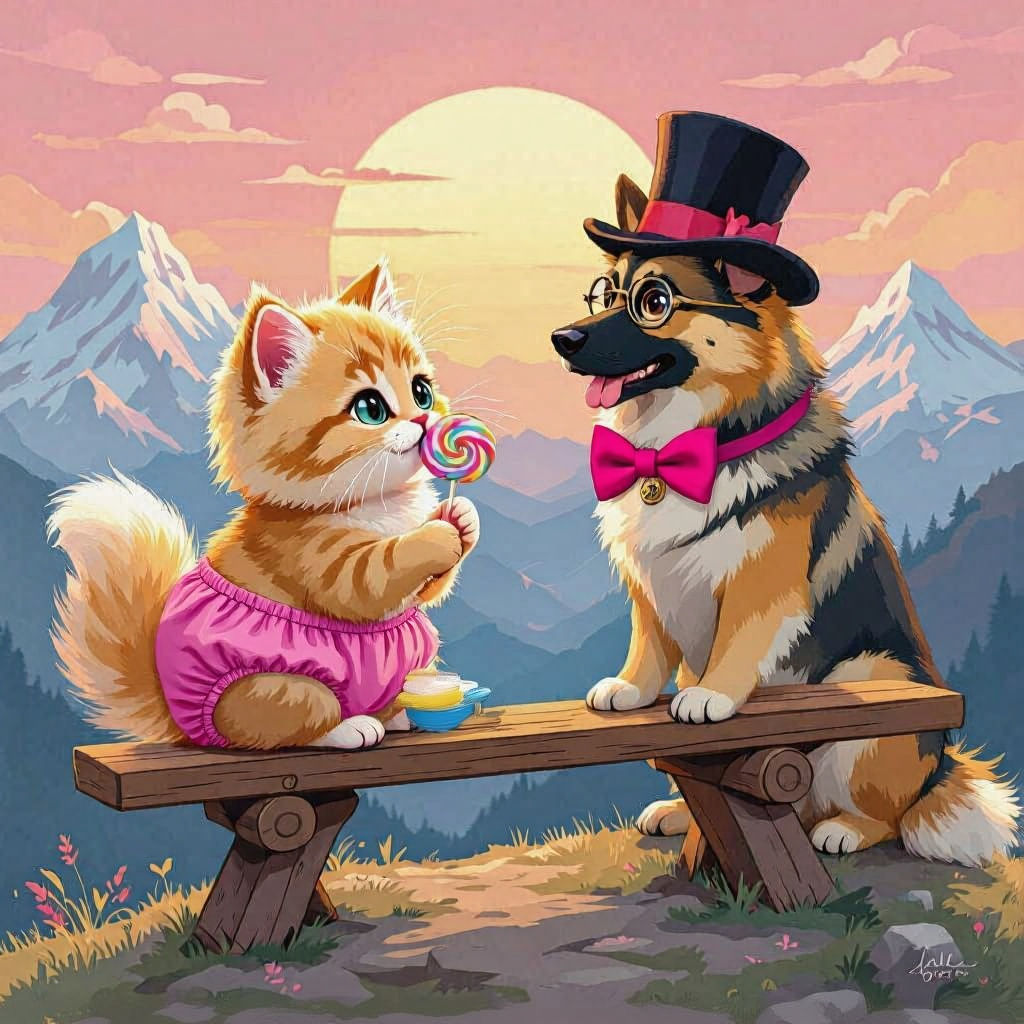 Playful Kitten and Dog on a Mountain Seesaw