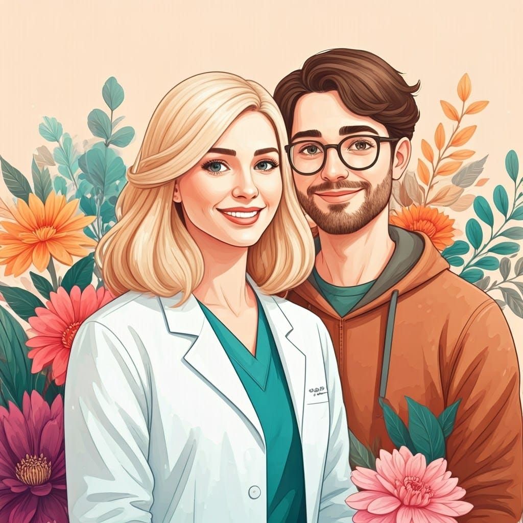 A beautiful blonde woman dentist and her brown hair man with...