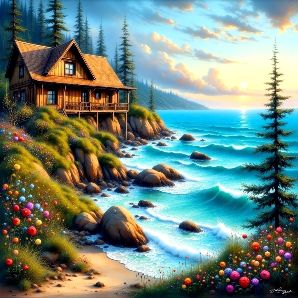 Serene Luxury Cabin Beside Tranquil Beach in Impasto Oil Pai...