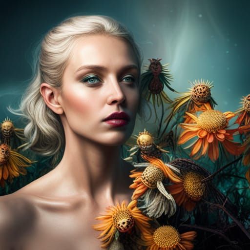 High Fashion Portrait of Woman with Flowers