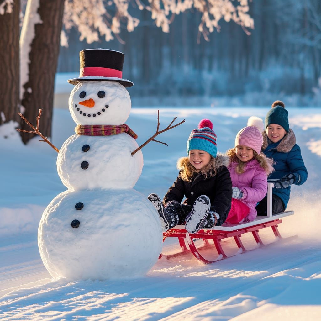 Cheerful Snowman Pulls Sled of Laughing Children