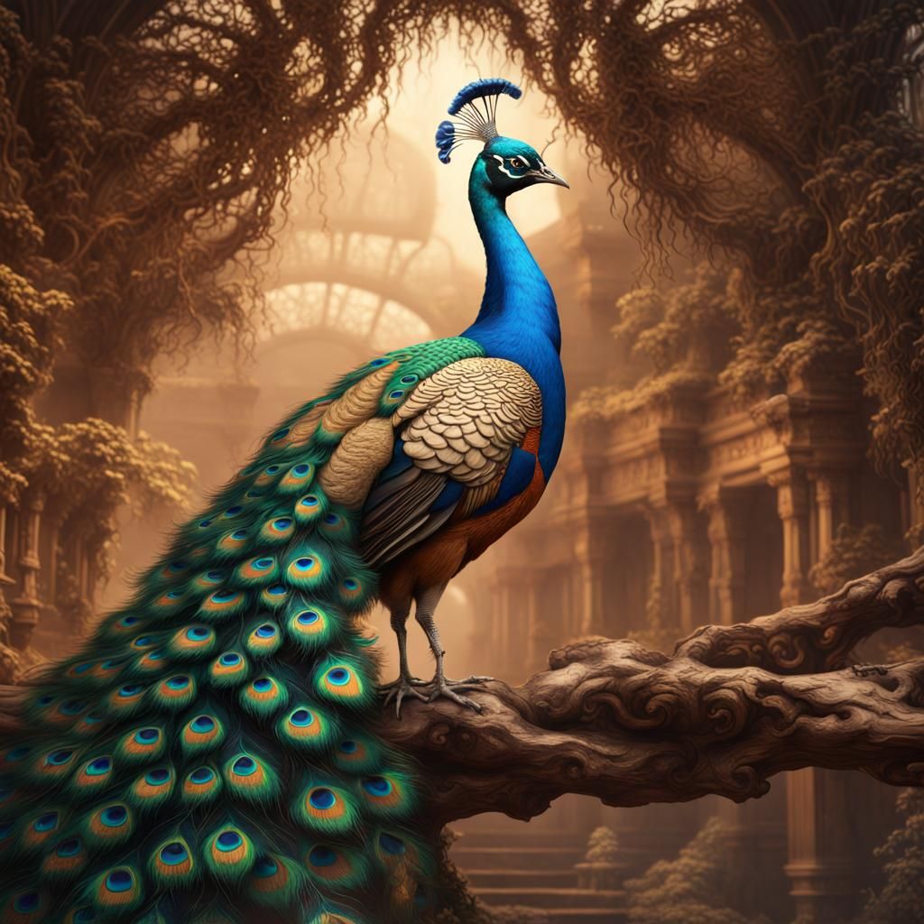 Peacock on Branch in Indian Art Style