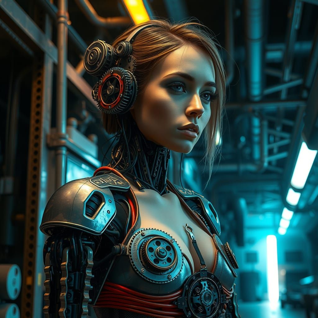 Cyberpunk Girl with Integrated Robotic Body