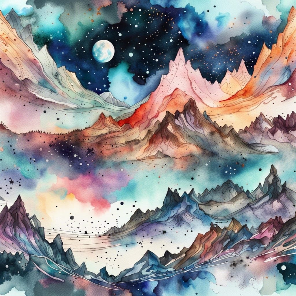 Watercolor Mountain Range Under Night Sky