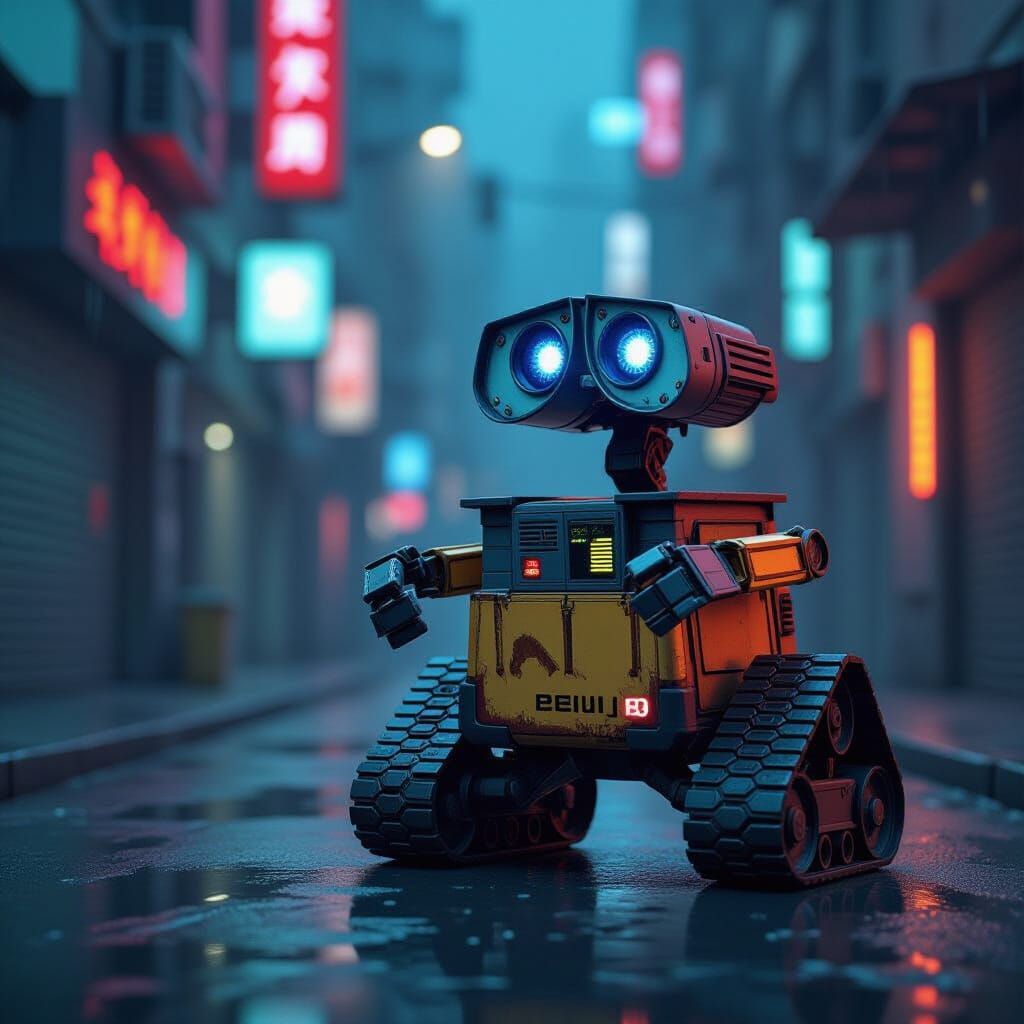 Wall-E Meets Futuristic AI in Cyberpunk City