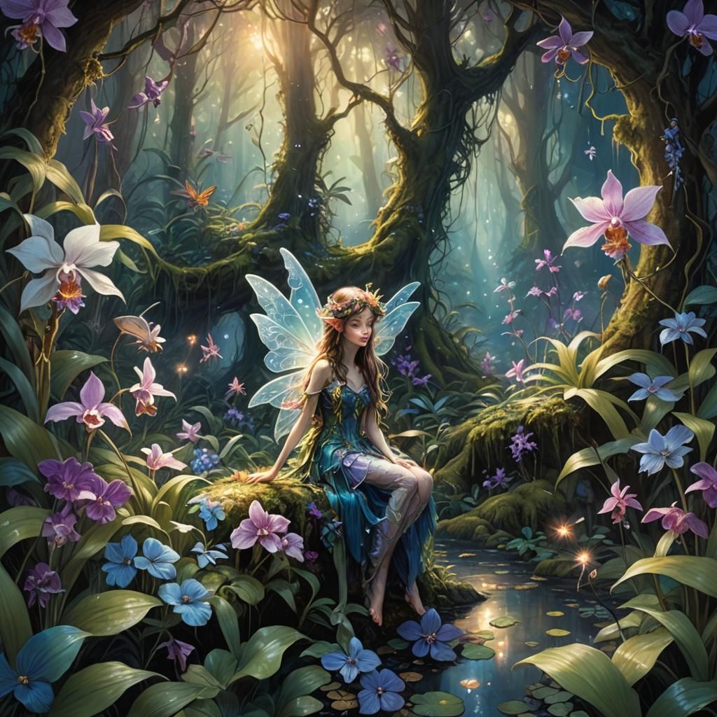 Fairies and Orchids in Lush Forest: Fairytale Realism
