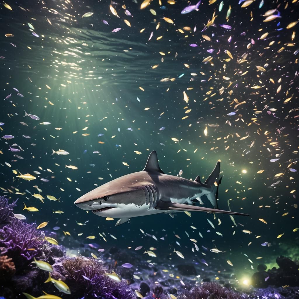 Underwater Shark in Ethereal Nighttime Sea