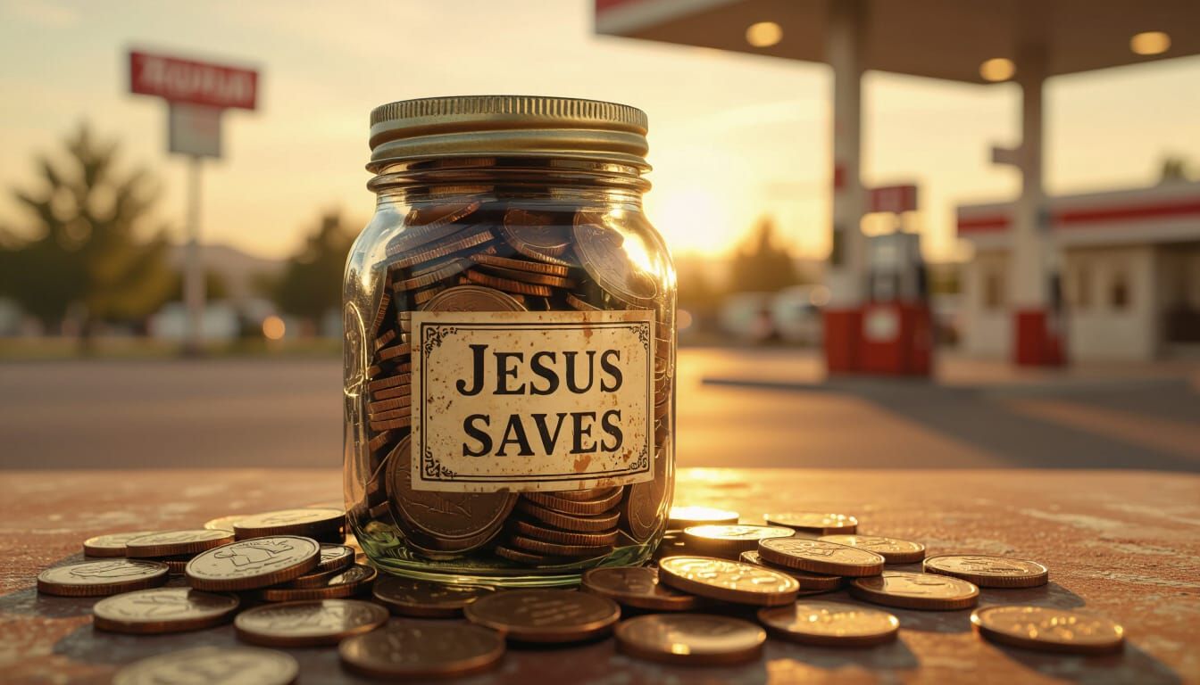 Jesus Saves: Coins in a Mason Jar at Gas Station