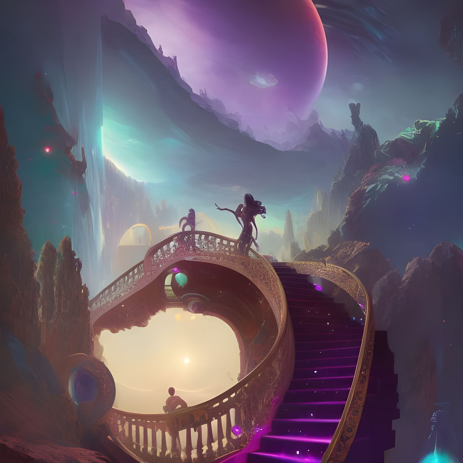 Cosmic ornate staircase leading to another planet,  Artgerm,...