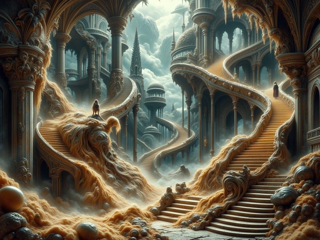 Majestic Woman Descends Infinite Staircase